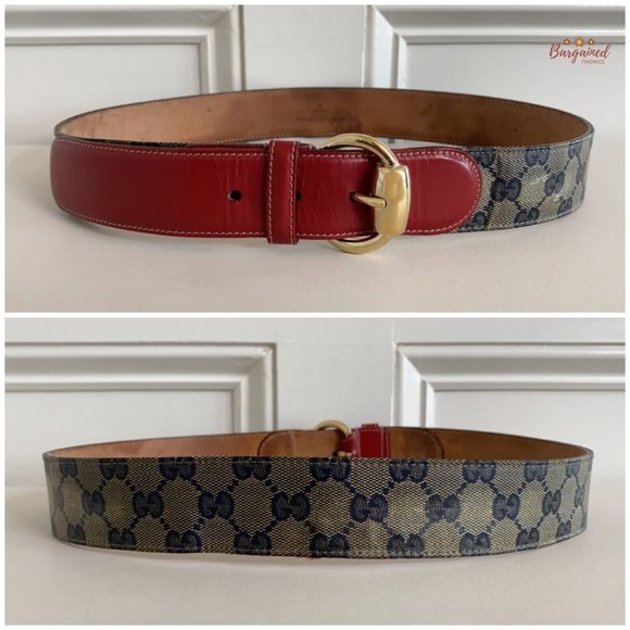 Auth GUCCI Beige/Blue/Red GG Crystal Coated Canvas Horsebit Buckle Belt 85/34 main image 10